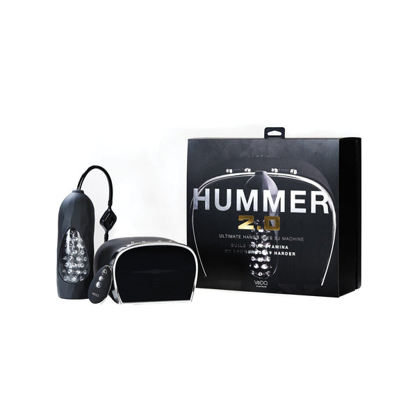 The image depicts a black box labeled VeDO Hummer 2.0 Masturbator beside a handheld device, showcasing an advanced BJ machine known as the Ultimate Hands-Free Machine, which boasts automatic suction masturbators in a sleek, modern design.