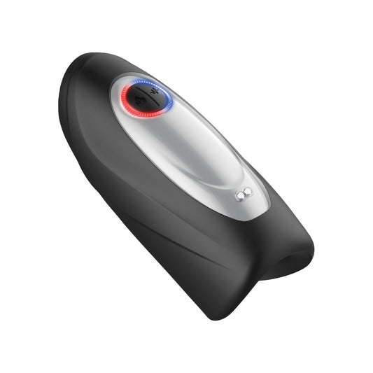 A sleek black Voodoo Get Lucky Score Pure Sport 7 Masturbator with an ultra-soft silicone finish features a modern, compact design and advanced vibration settings for intuitive handling.