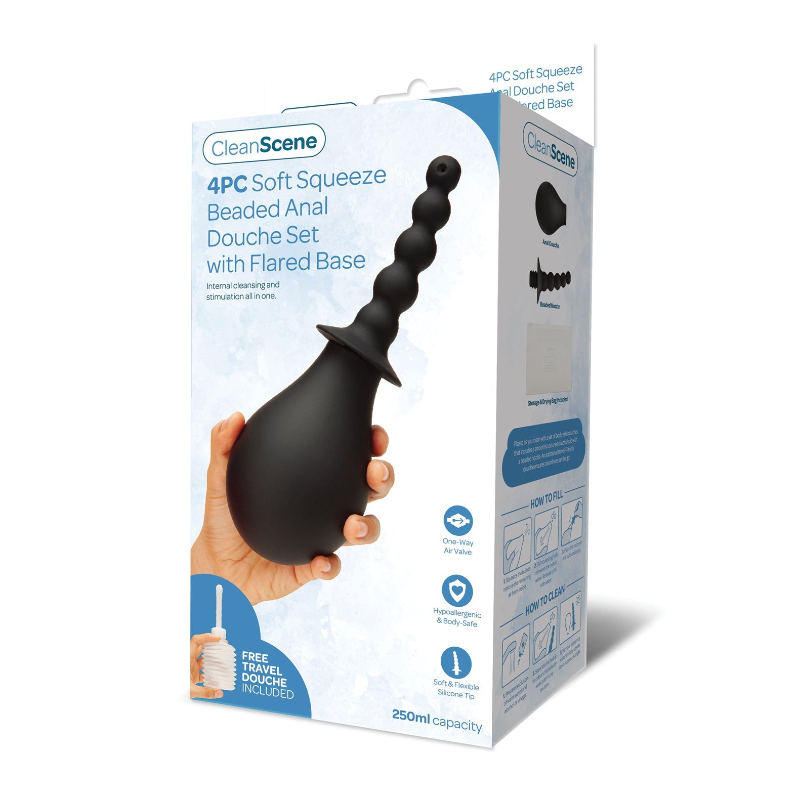The CleanScene 4 Pc Soft Squeeze Beaded Anal Douche Set with Flared Base is travel-friendly and includes an image, description, and details. Its soft, squeezable bulb design is ideal for internal cleansing and stimulation.