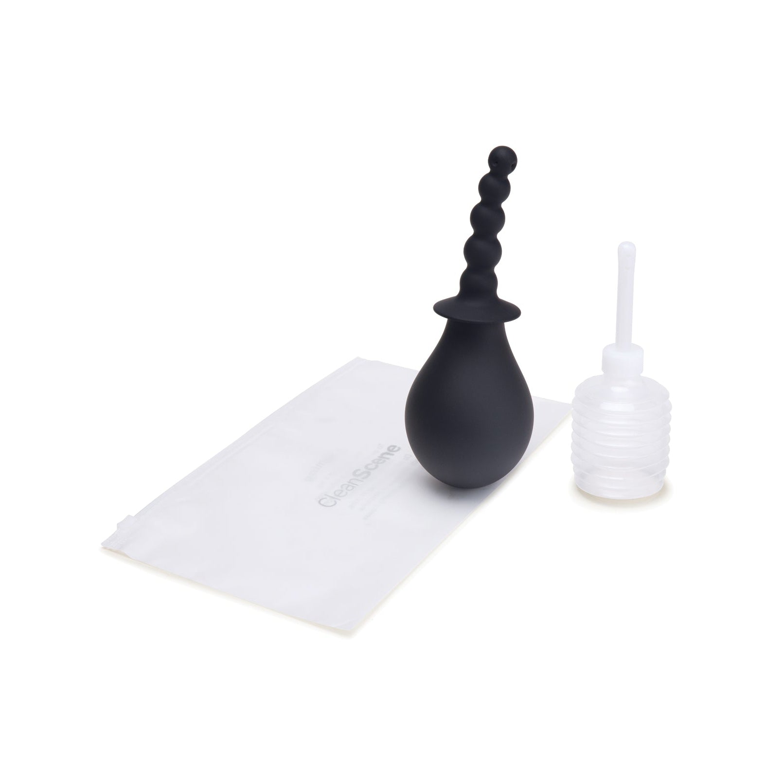 The CleanScene 4 Pc Soft Squeeze Beaded Anal Douche Set With Flared Base, including black silicone anal beads and a travel-friendly clear plastic enema bottle with nozzle, is neatly displayed on a white surface next to a folded white pouch.