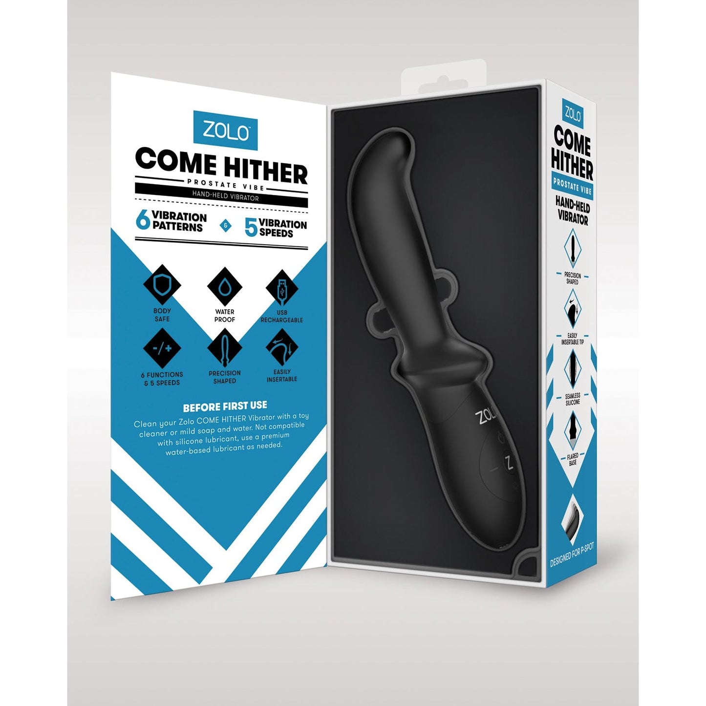 The ZOLO Come Hither Prostate Vibe packaging highlights its vibrant features with six patterns and five speeds for a superior prostate experience. The sleek black design is showcased through a window, highlighting its waterproof feature.