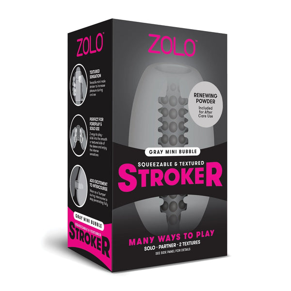 ZOLO Mini Bubble Stroker box in grey, showing the egg-shaped sleeve with a column of bubble nubs inside and a renewing powder badge.