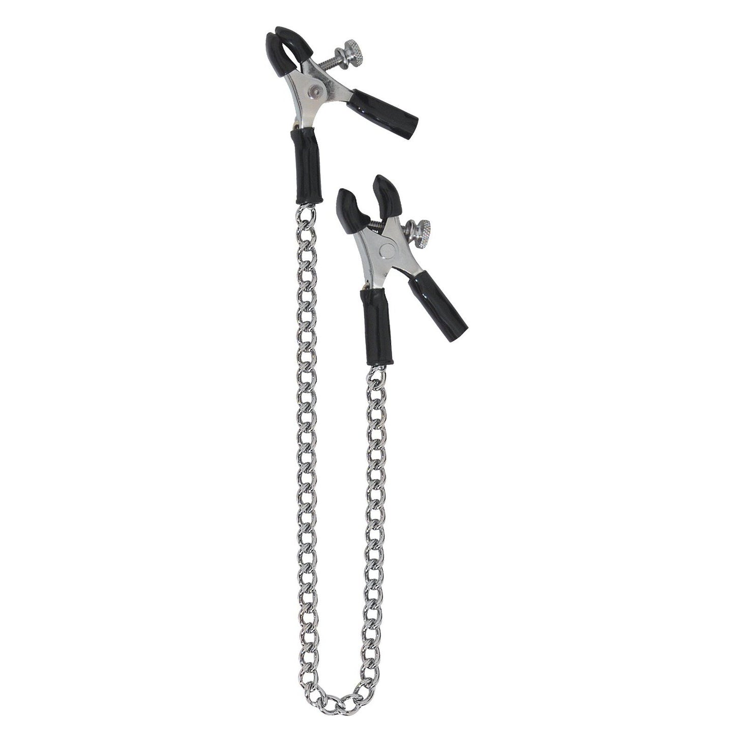Adjustable Micro Plier Nipple Clamps with Link Chain feature vertically positioned metal clamps, adjustable screws, and black rubber-coated tips connected by a chain.