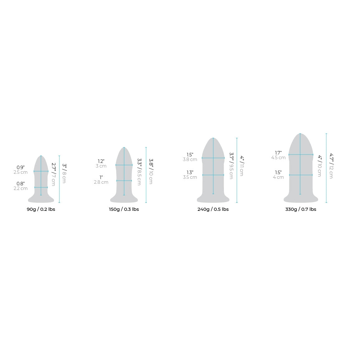 The b-Vibe Glass Anal Dilator 4 pc Set by b-vibe features an illustration of four sizes for temperature play, crafted from hypoallergenic body-safe materials: 90g/0.2lbs (9cm), 150g/0.3lbs (12cm), and two at 260g/0.5lbs and 330g/0.7lbs (both 15cm). Heights range from 9cm to 15cm.