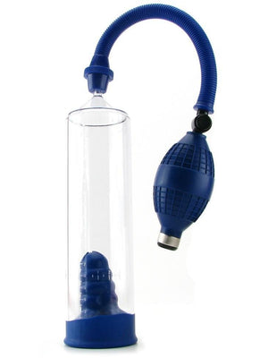 The California Exotic Novelties Basic Essentials Pump is a transparent cylinder with blue accents, featuring a flexible hose and textured hand pump for easy use. Its sturdy plastic base provides durability and grip.