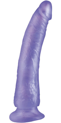 The Pipedream Basix Rubber Works Slim Dong 7 is a translucent purple dildo with a textured surface, curved shape, and flared suction cup base for stability, offering both functionality and style.