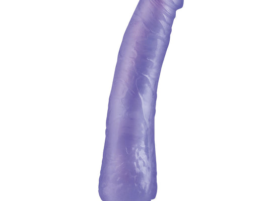 The Pipedream Basix Rubber Works Slim Dong 7 is a translucent purple dildo with a textured surface, curved shape, and flared suction cup base for stability, offering both functionality and style.