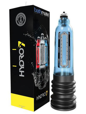 Image of a Bathmate Hydro 7 penis pump in blue, accompanied by black and yellow packaging with splash design. The box emphasizes a 2-year warranty. The device includes a clear measurement gauge and ribbed base for improved performance.
