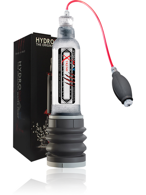 The image shows the Bathmate Hydromax Xtreme Series, a sleek cylindrical device with a red tube and black packaging featuring HYDRO and THE ORIGINAL in white. With gray/black elements and a hand pump, its designed for improved sexual health and penis enlargement.