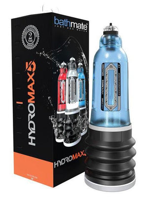 Image of a Bathmate Hydromax water pump from Adams Toy Box with a blue body and black base, set on a tilted background. Next to it, the packaging features images and branding, highlighting its water-based suction for effective penis enlargement solutions.