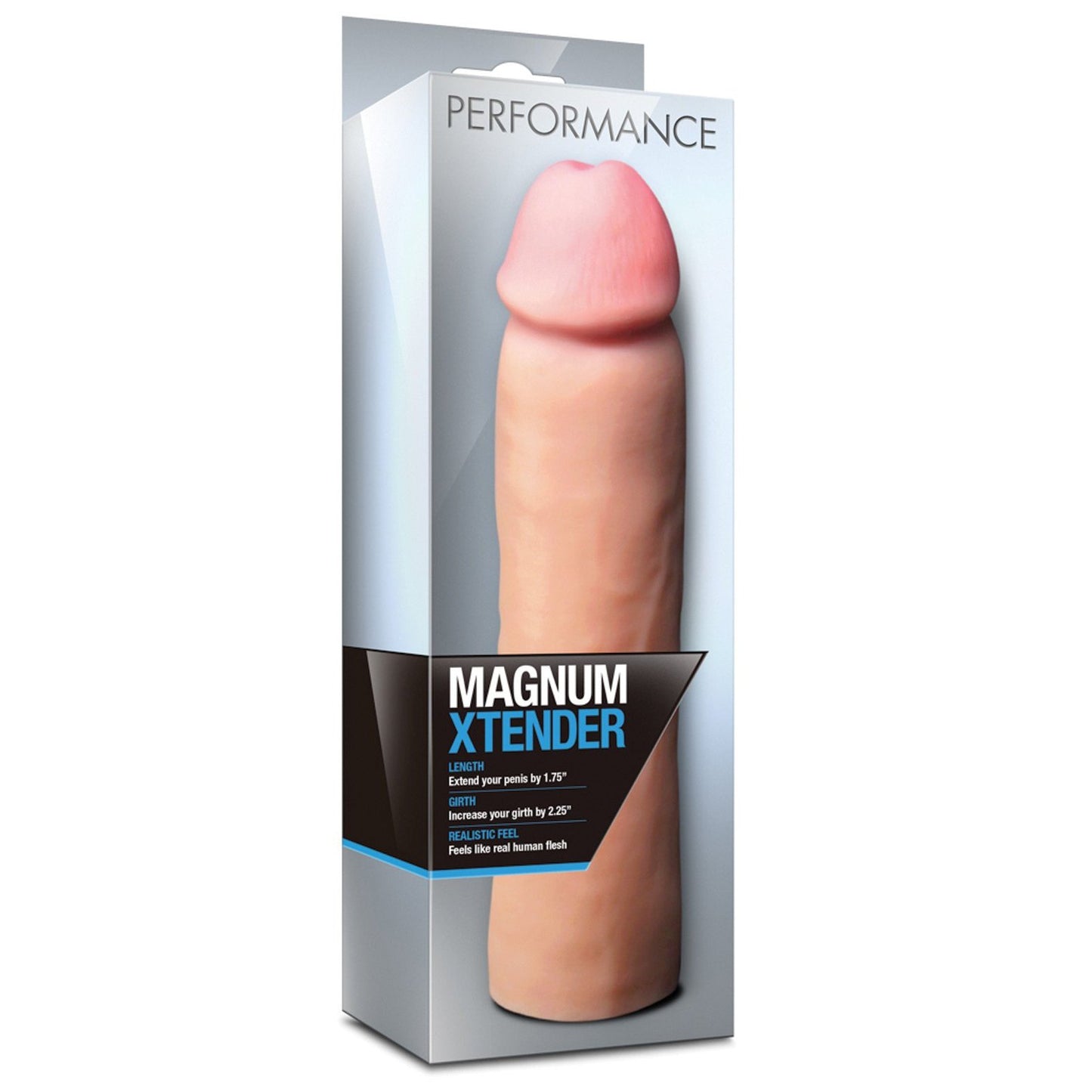 The Blush Performance Magnum Xtender by Blush Novelties is a realistic penis sheath that extends length, with packaging displaying the product image and emphasizing its enhancement features and lifelike feel.