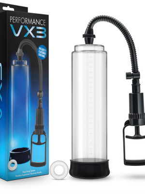 The Blush Performance VX3 Penis Pump, a clear cylindrical device with a pump, hose, handle attachment, and white ring accessory from Blush Novelties, sits next to its packaging box.