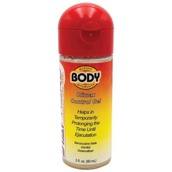 A 2 fl. oz. (60 ml) bottle of Body Action Stayhard Lubricant by Body Action Products, featuring a red cap and Benzocaine Male formula to boost stamina by delaying ejaculation as a genital desensitizing agent. Water-based lubricant.