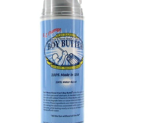 The Boy Butter Easy Pump - H2O is a latex-safe, water-based lube in a blue canister with pump top, featuring phrases like 100% Made in USA and Its Not Real Butter! Its packaging has light blue, white, and yellow accents.