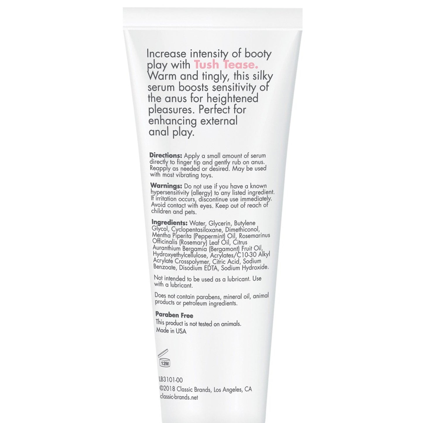 The image shows a white tube of CGC Tush Tease Anal Stimulant, crafted to enhance sensitivity and pleasure. It includes directions, warnings, and ingredients for a warm and tingly experience.