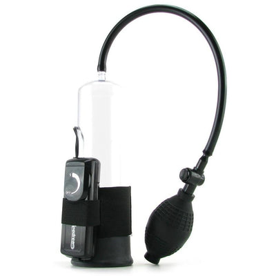 Classix Vibrating Power Pump: clear penis pump cylinder with a black hose and squeeze bulb, and a black dial controller held to the base with an elastic strap
