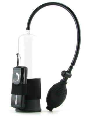 The Pipedream Classix Power Pump - Vibrating features a transparent cylinder, black bulb, hose, and adjustable gauge. It includes a quick release valve, black base with digital controller, ensuring optimal vacuum pressure for efficient use.