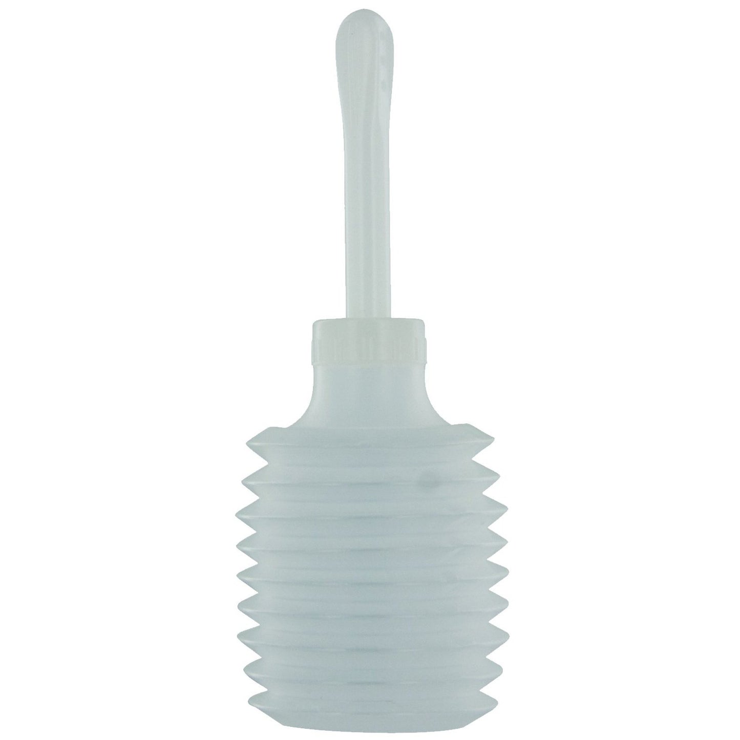 The CleanStream Disposable Applicator by CleanStream is a translucent, ribbed bottle with a long nozzle and a flexible, accordion-like body for easy squeezing. Its designed for efficient liquid or gel application as an enema.