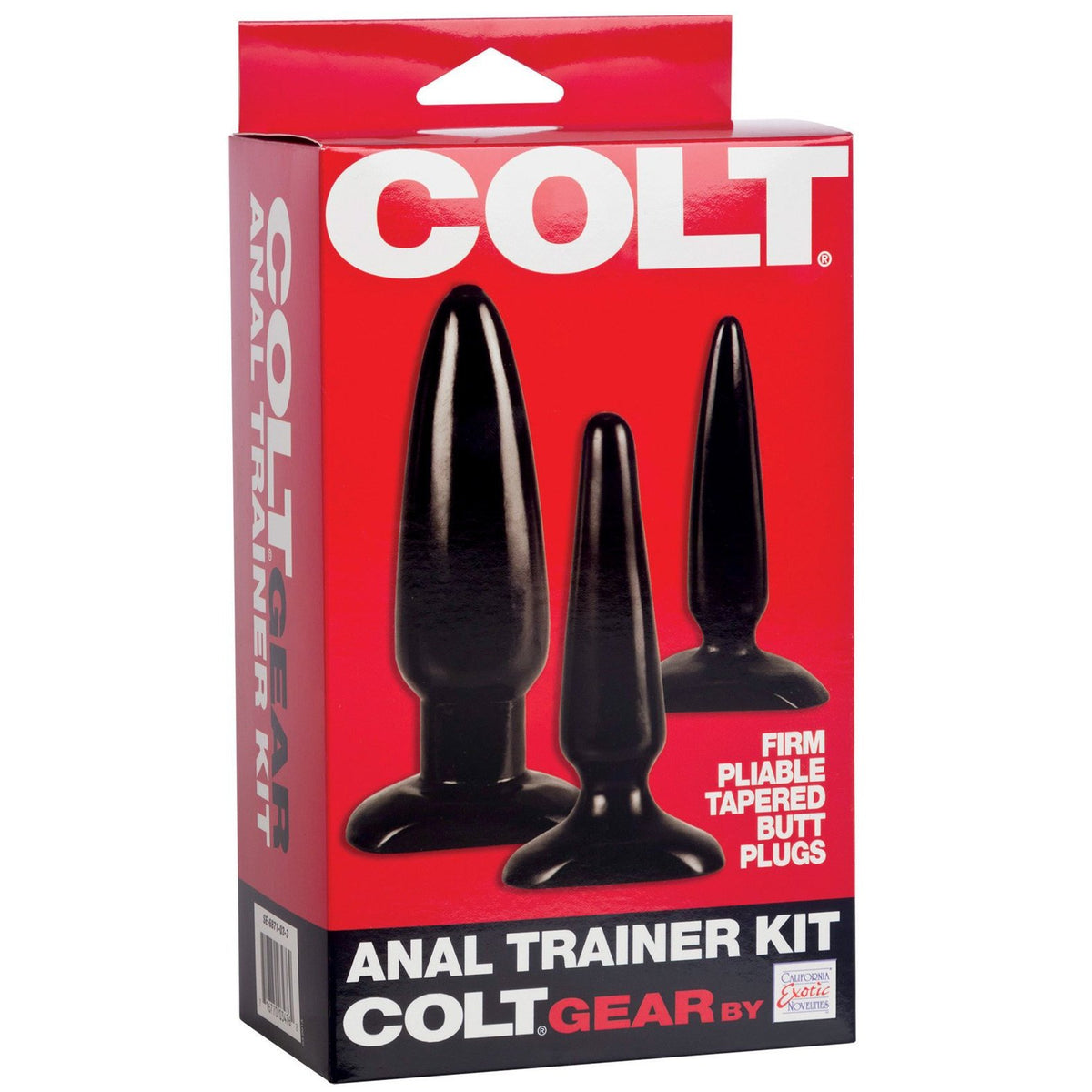 The Colt Anal Trainer Kit by California Exotic Novelties, ideal for Booty Boot Camp, consists of three black tapered butt plugs in different sizes. Packaged in a red box with bold white and black text, it emphasizes firm and pliable features for enhanced training sessions.