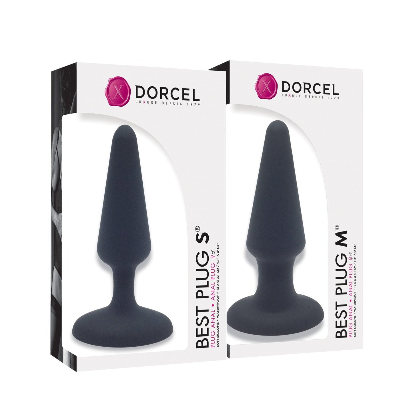 Dorcels Best Plug Starter Kit SM includes two beginner-friendly silicone plugs in a box with white packaging, a pink circular logo, and text. The plugs are visible through a transparent section on the packaging, ideal for those new to anal play.