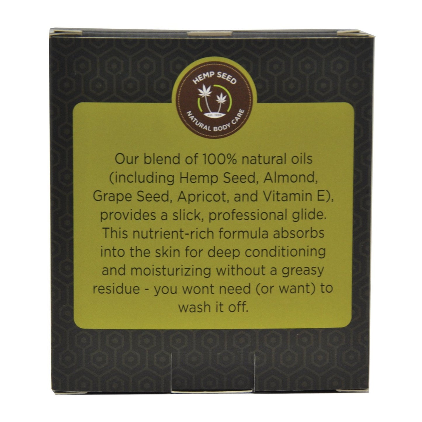 The image features the Earthly Body Edible Massage Oil Gift Set, highlighting a blend of 100% natural oils like hemp seed, almond, grape seed, apricot, and vitamin E. This versatile product conditions and moisturizes skin without leaving a greasy residue.