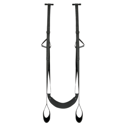 The Easy Toys Door Leg & Bum Support Over The Door Swing by Easy Toys is a portable black yoga swing with adjustable straps and handles, includes a seat, foot loops, and sturdy handles, ideal for aerial yoga or inversion therapy exercises on the go. It suspends from two points.