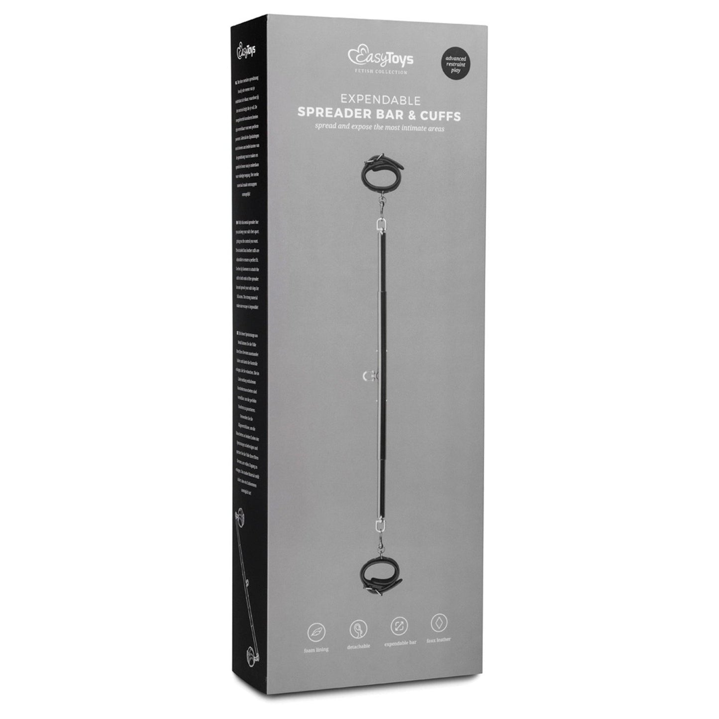 The Easy Toys Expander Spreader Bar & Cuffs Set is a must-have in bondage gear. The packaging is gray with white text, showcasing an image of the metal spreader bar and adjustable faux leather cuffs. Branding and product details are clearly visible.