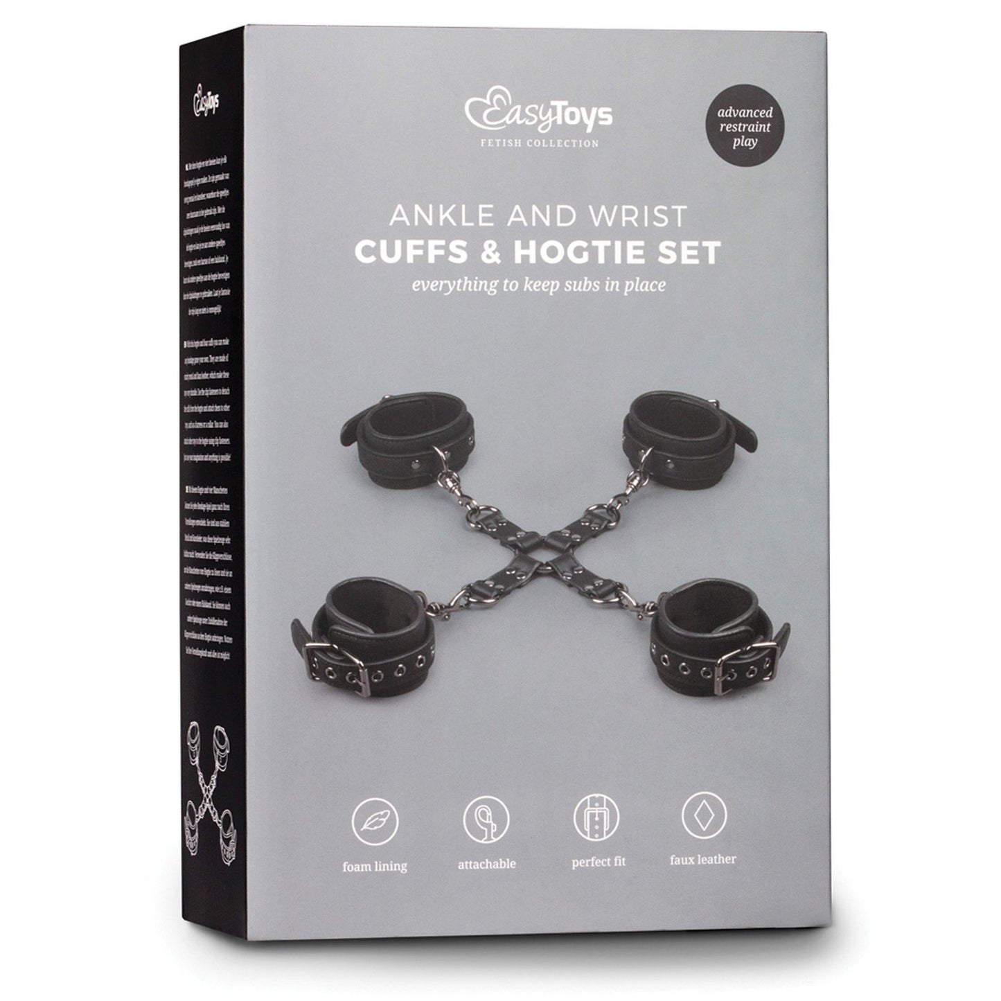 Box showcasing the Easy Toys Hogtie with Hand & Ankle Cuffs featuring black chains connecting adjustable cuffs. With a comfortable foam lining for a perfect fit, this faux leather set adds an authentic touch to your bondage gear.