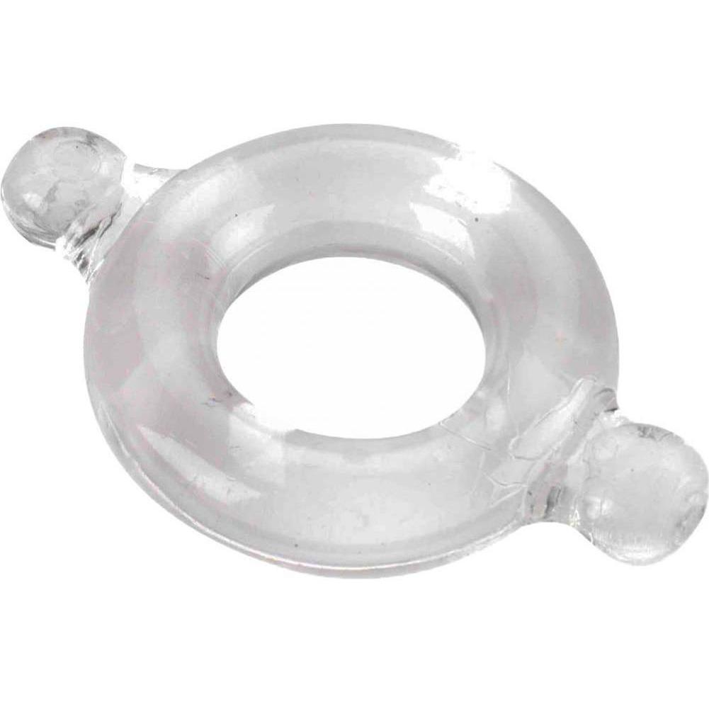 The Elastomer Cock Ring Clear by Adams Toy Box is a circular, donut-shaped ring with two small knobs, designed for firmer erections. It has a smooth surface and is shown on a white background.
