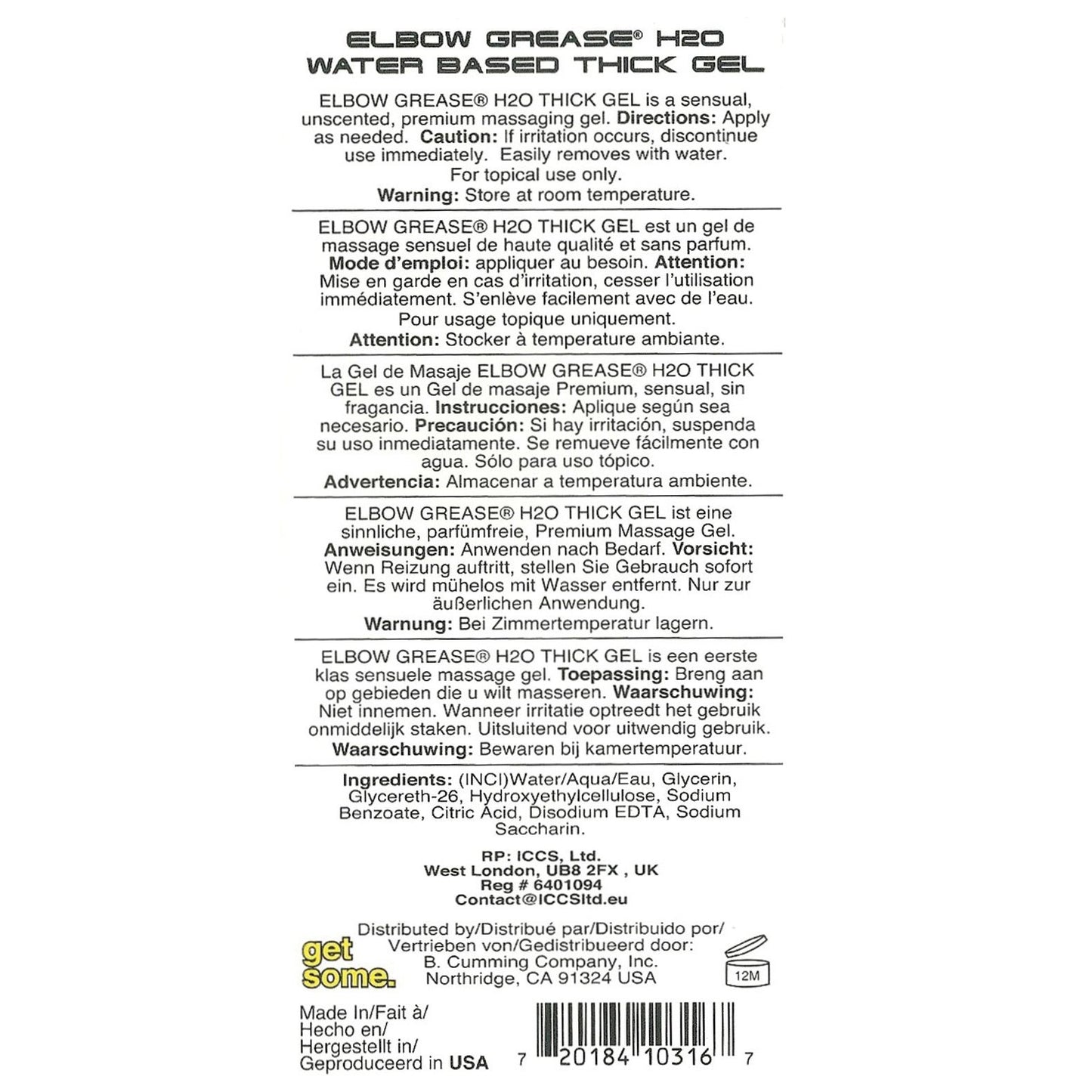 Photo of Elbow Grease H2O Thick Gel label, a latex-safe water-based lubricant by B. Cumming Company Inc., El Monte, CA, USA. Includes directions, warnings, and ingredients in English and French such as glycerin and sodium benzoate.