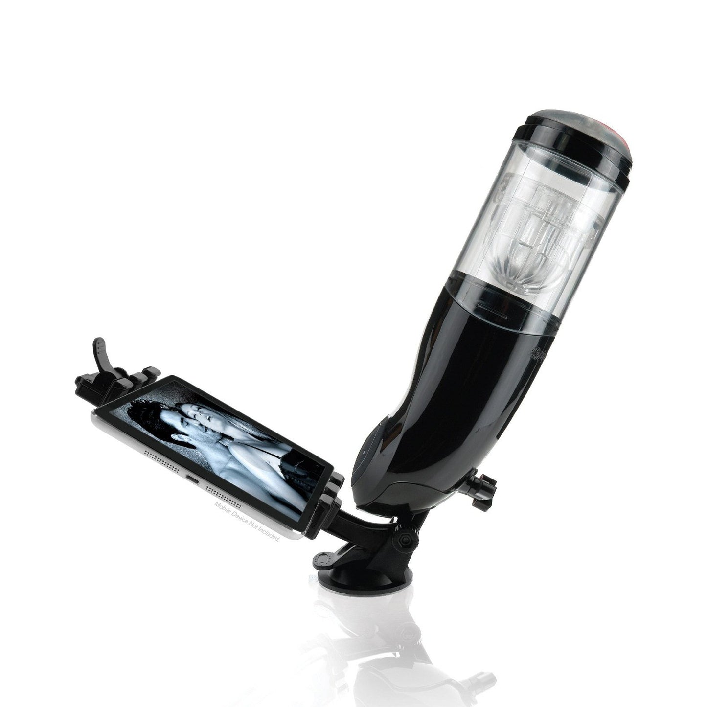 Close-up of the Adams Toy Box Extreme Toyz Mega Bator rechargeable masturbator with a transparent compartment and adjustable clamp. The device displays a black-and-white image of a person on the smartphone holder.