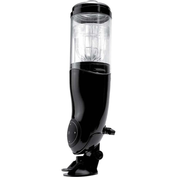 The Extreme Toyz Mega Bator Rechargeable Masturbator Mouth/Ass by Adams Toy Box is a sleek, modern black and transparent cylindrical device with control buttons and a detachable base. This hands-free gadget is USB-rechargeable, providing convenience and style against a plain white background.