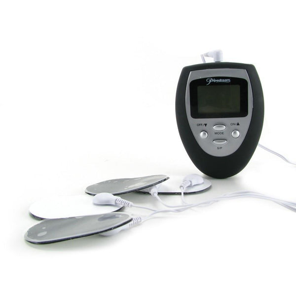 The Pipedream Fetish Fantasy Series Shock Therapy Electro Sex Kit includes a sleek black and silver control unit with gray electrode pads connected by wires. The display screen and buttons make it easy to control for an electrifying experience.