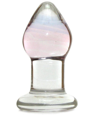 The Gläs Amethyst Rain Glass Butt Plug is a hand-blown, clear glass object with an iridescent look featuring pastel hints. It has a tapered shape with a rounded top and wide base, ideal for temperature play.