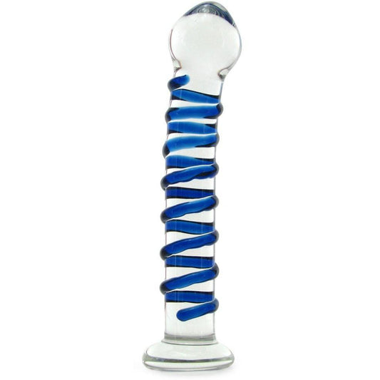 The Glas Blue Spiral Glass Dildo by Gläs is a clear, fracture-resistant cylindrical glass object with a round top, flat base, and blue spiral design.