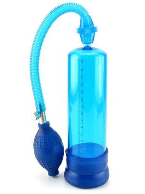 The Head Coach Erection Pump by California Exotic Novelties features a transparent cylinder with a measurement scale, a flexible blue tube, and a black bulb for manual suction.