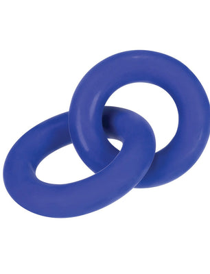 The Hunky Junk Duo Linked Cock & Ball Rings by Adams Toy Box are two blue interlocking C-ring designs made from a TPR/silicone blend, displayed on a white background.