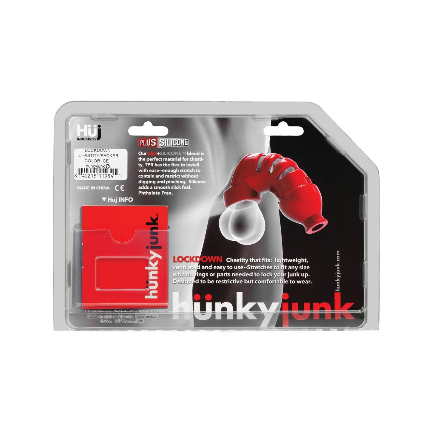 The Hunky Junk Lockdown Chastity by Adams Toy Box is presented in packaging that features a red plus+silicone blend device. The image displays product details, marketing text, and branding on a sleek black and white background, highlighting its stretchy cage design.