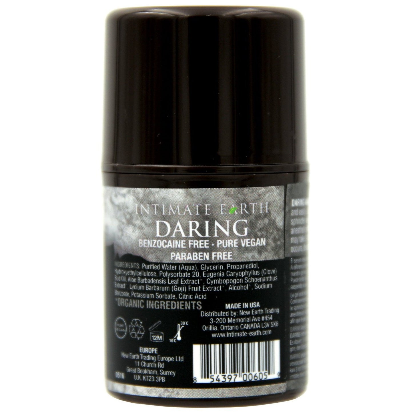 The Intimate Earth Daring Anal Spray for Men, packaged in a black bottle with roll-on top, is a non-numbing, benzocaine-free, vegan, and paraben-free formula. The label highlights organic ingredients and company details.