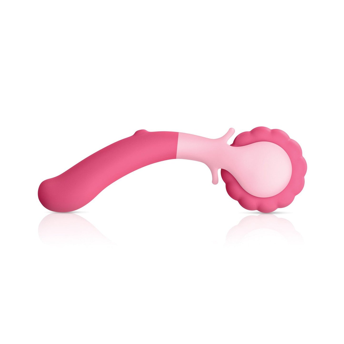 The Jimmyjane Evoke Sol-o Pink massager by Jimmyjane features a pink silicone body with a flower-like textured head and curved handle, offering smooth, comfortable use. Its waterproof, making it ideal for soothing relaxation.