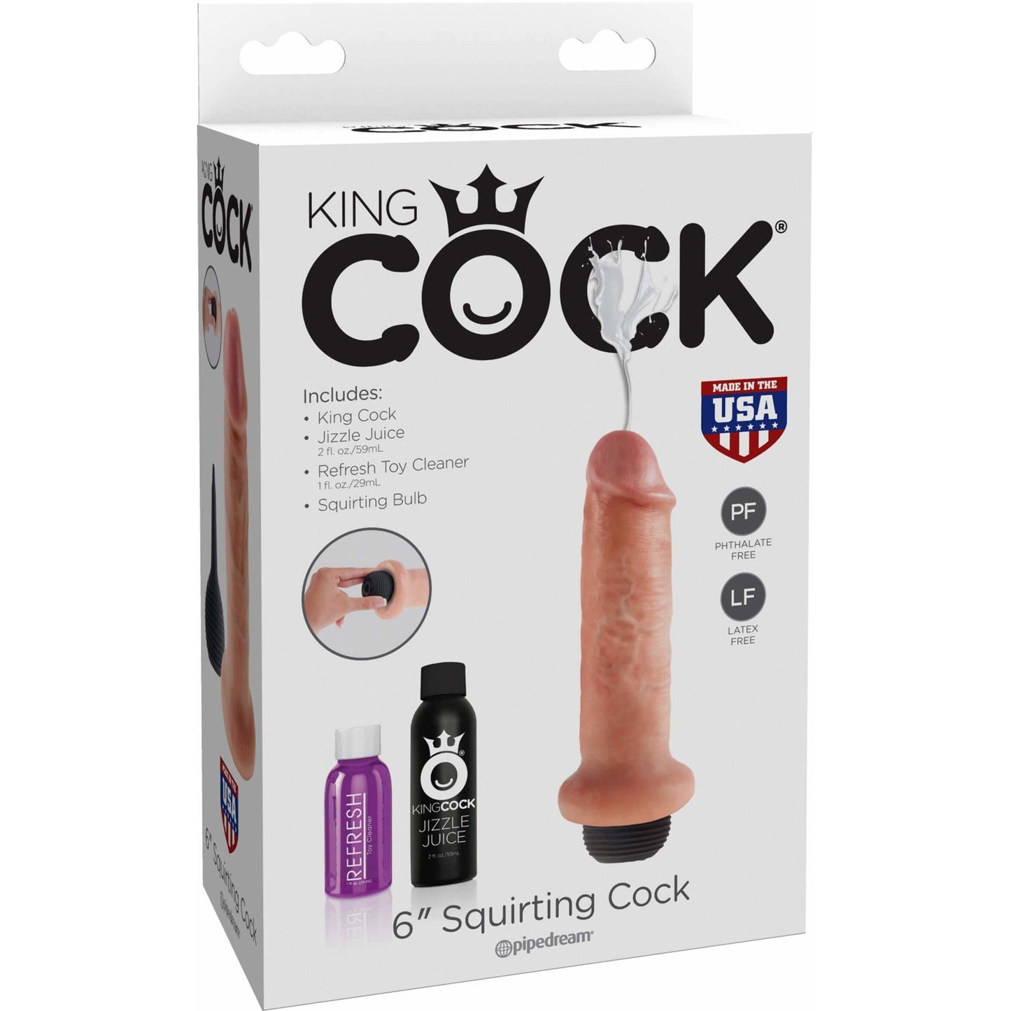 The King Cock 6 Squirting Realistic Dildo by Pipedream features packaging that highlights its realistic design, squirting bulb, and phthalate-free materials. It includes Jizzle Juice, toy cleaner, and is proudly made in the USA.