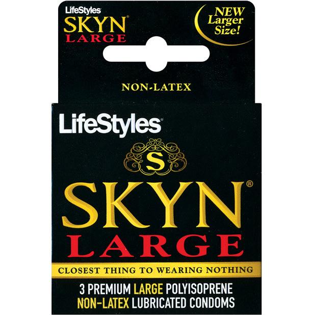Image of a LifeStyles SKYN Large - Non Latex condom box. The packaging emphasizes non-latex and new larger size, promoting the experience as the closest thing to wearing nothing. The box is predominantly black with elegant gold and red accents.