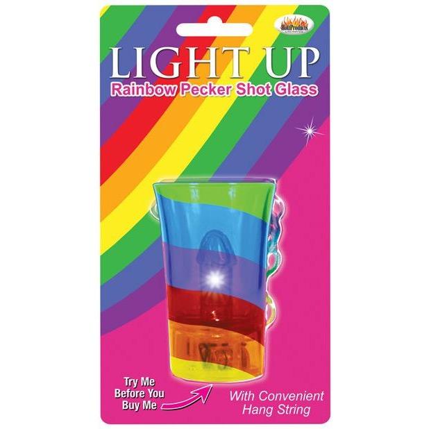 The Light Up Rainbow Pecker Shot Glass by Adams Toy Box is a vibrant novelty shot glass with a rainbow pecker design. It features a Light Up Party Glass effect and comes with packaging that says, Try Me Before You Buy Me, featuring a hang string for easy use at parties.