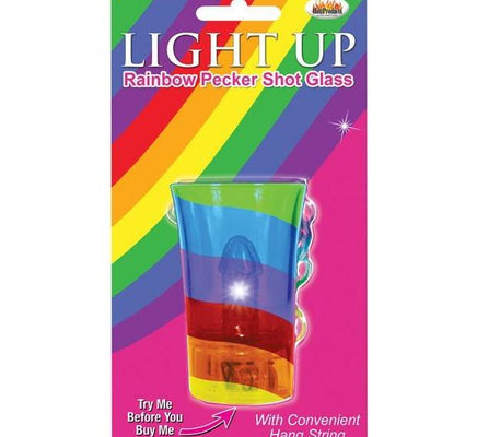 The Light Up Rainbow Pecker Shot Glass by Adams Toy Box is a vibrant novelty shot glass with a rainbow pecker design. It features a Light Up Party Glass effect and comes with packaging that says, Try Me Before You Buy Me, featuring a hang string for easy use at parties.