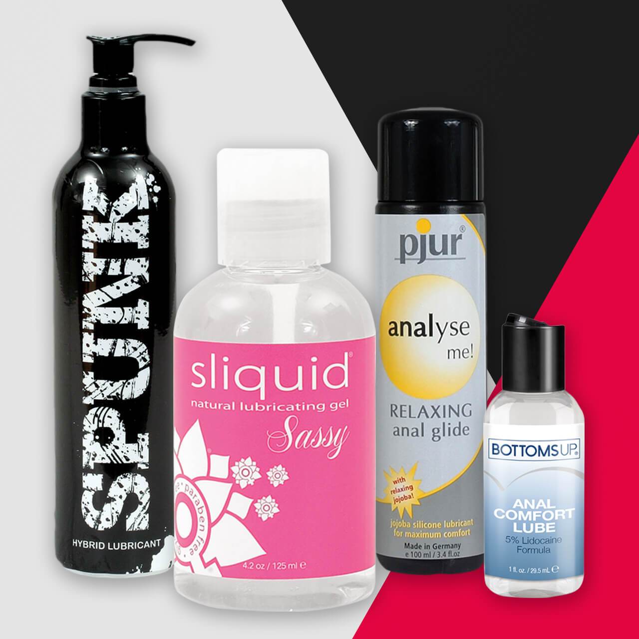 The Lube Me Up! collection by Adams Toy Box features four distinct lubricant bottles, set against a vibrant red, black, and white backdrop. Included are Spunk, Sliquid, Pjur’s silicone personal lubricant, and Bottoms Ups anal lubricant. Each bottle offers unique sizes and designs.