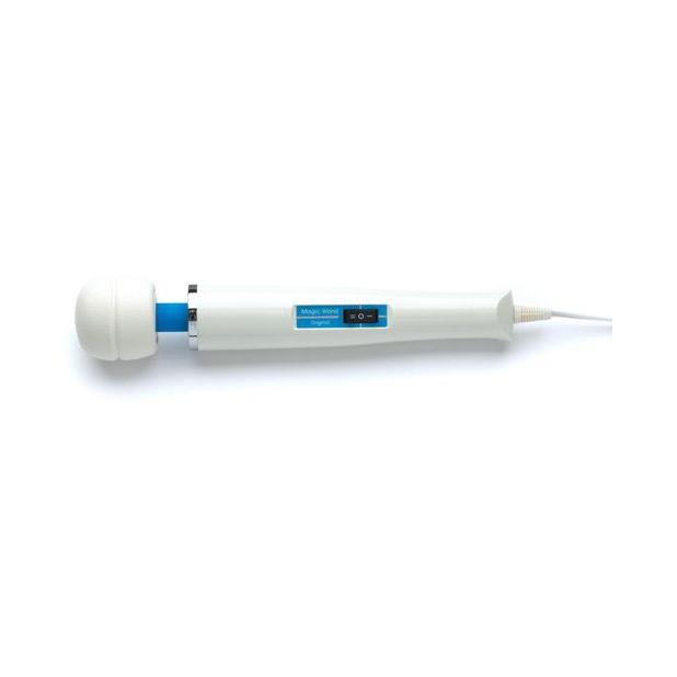 The Magic Wand Original is a white massager with a round head, blue accents, and an attached power cord. Its handle features a control panel for personalized massages.