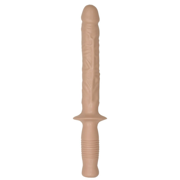 Doc Johnson Manhandler dildo with handle, flesh tone, veined shaft above a flared guard and a ribbed baton-style grip