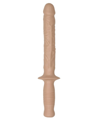 Introducing the Manhandler by Doc Johnson: a beige, long textured baton with a ribbed handle for control and a flared guard for functionality and design.