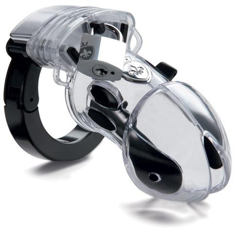The Mystim Pubic Enemy #1 Cock Cage by Adams Toy Box is an adjustable transparent plastic cage with a black circular ring for male genital confinement, featuring a secure lock on top.