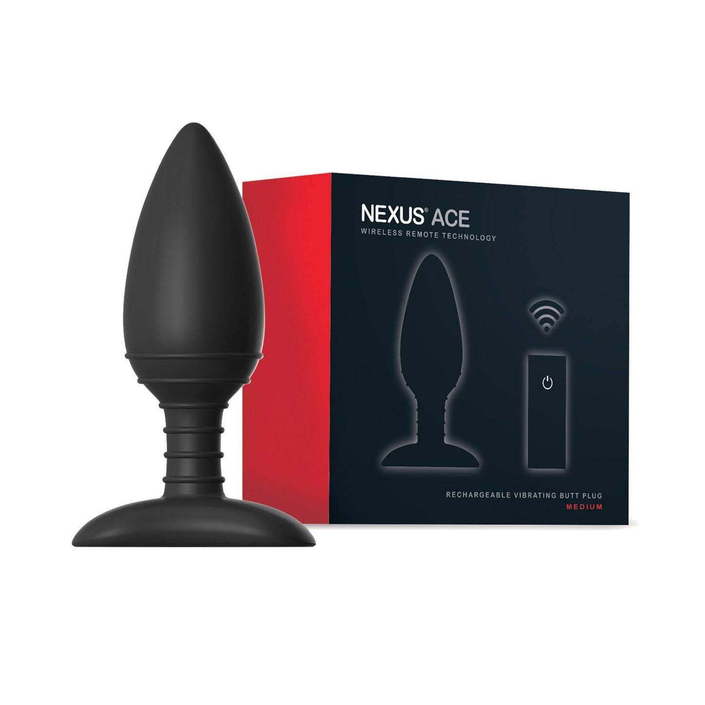 A Nexus Ace Remote Control Medium Butt Plug, colored black, is displayed next to its packaging. The red and black box features an image of the product and the text Nexus Ace Remote Control.